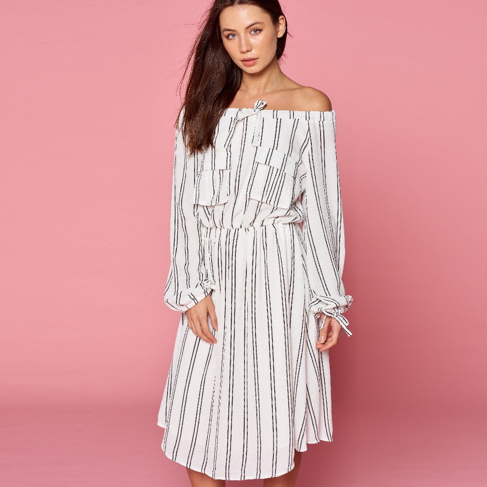White Striped Double Breast Pocket Midi Dress